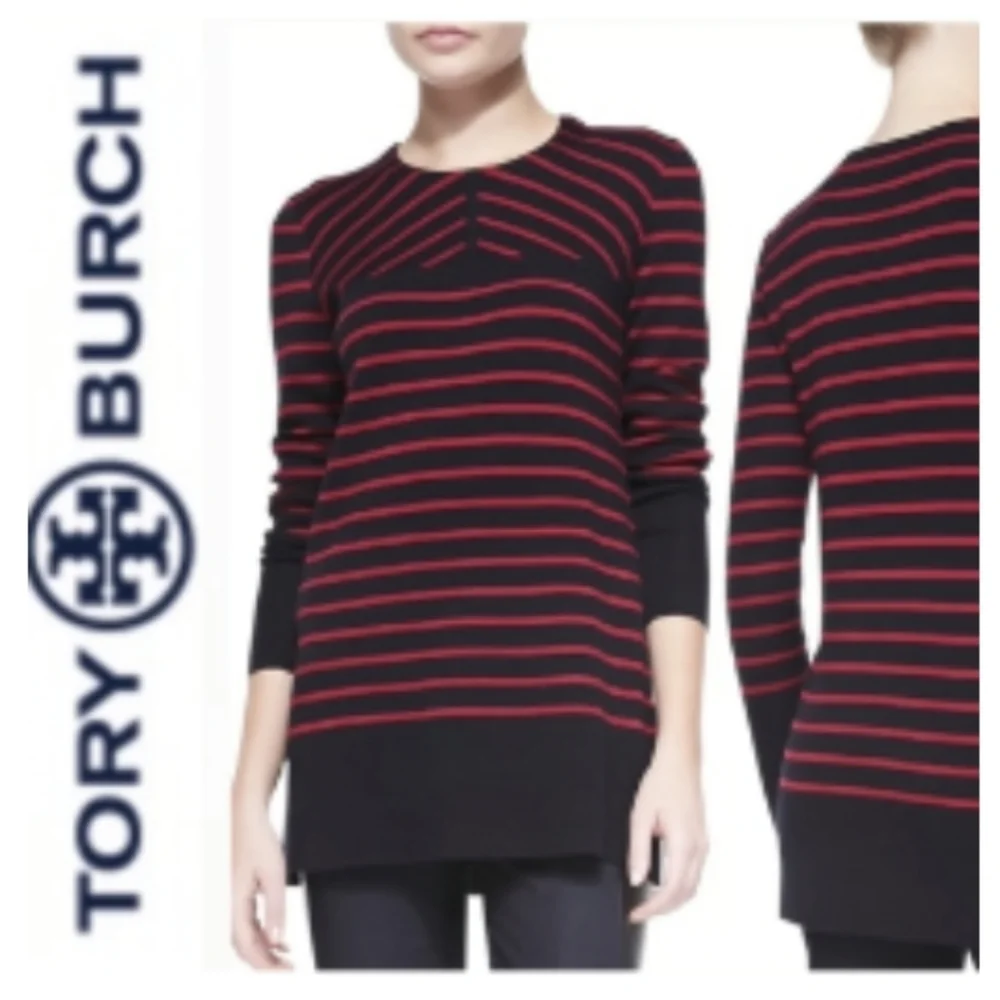 Tory Burch Navy Blue & Red Stripe 100%  Merino Wool Sweater Women's XS